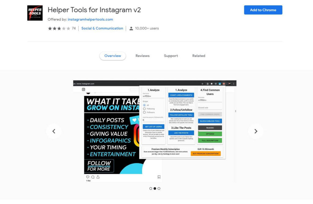 Helper Tools for Instagram’s homepage on a screenshot