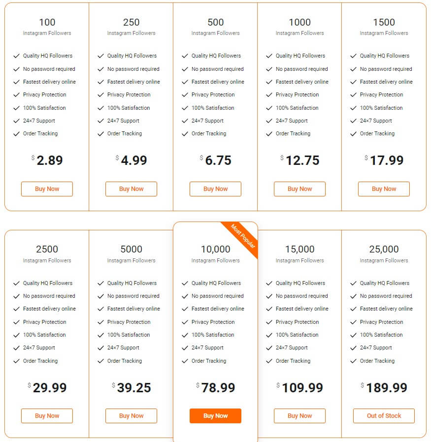 A screenshot of InstaBoostGram's pricing for high-quality followers
