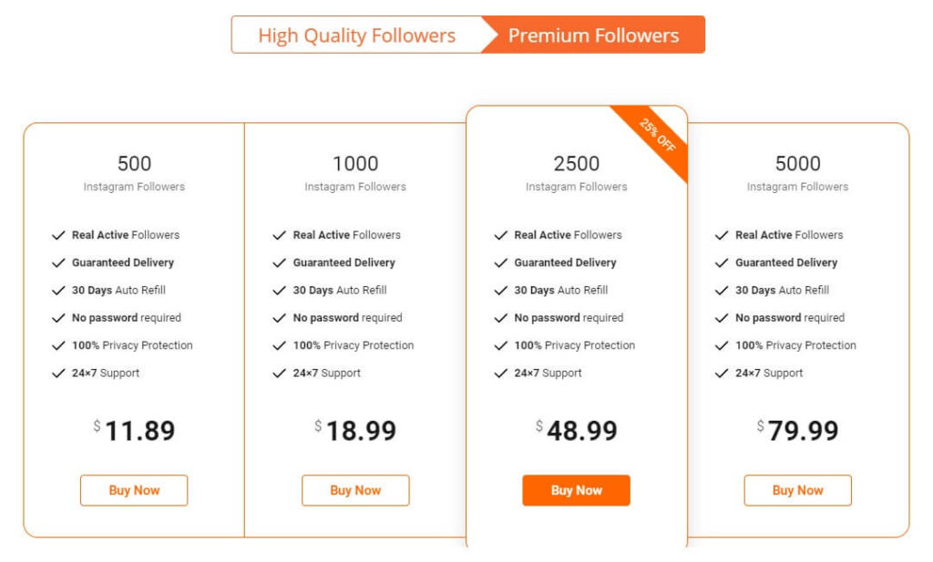 A screenshot of InstaBoostGram's pricing for premium followers
