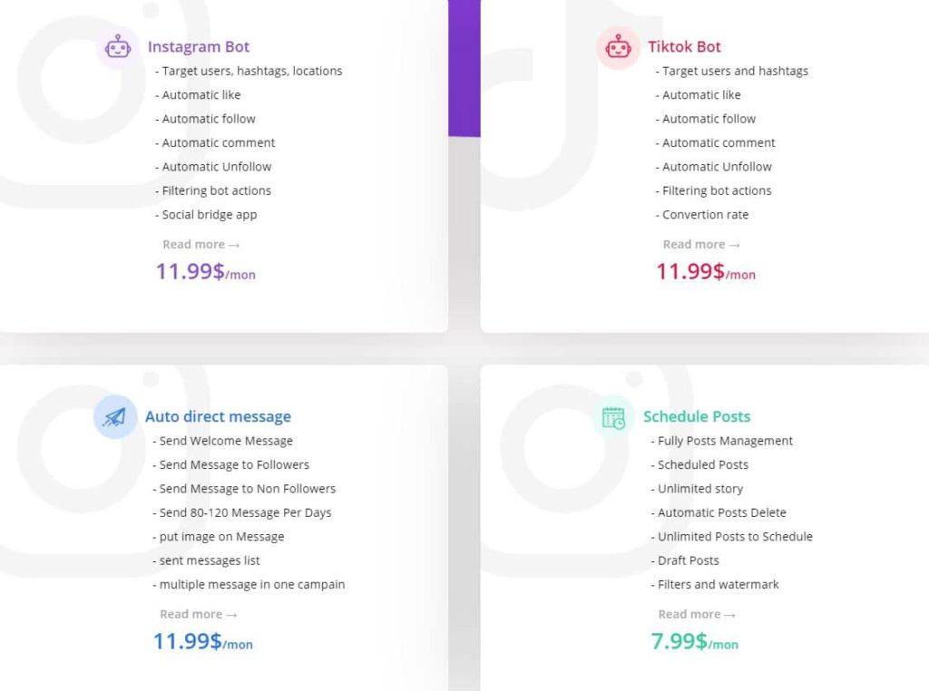 A screenshot depicting Instazood pricing