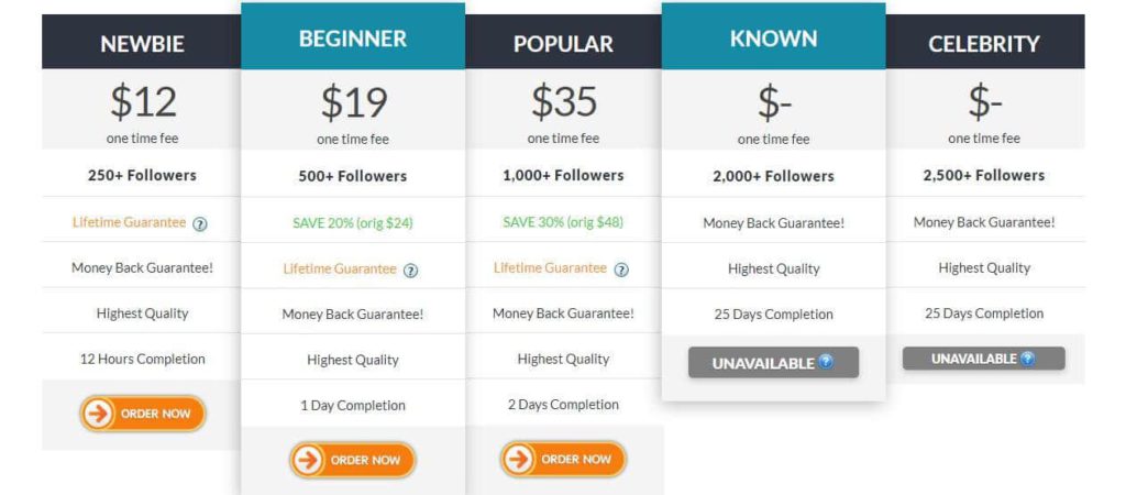 a screenshot depicting MySocialFollowing's pricing plan