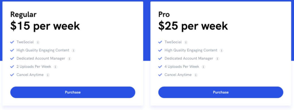 A screenshot of former pricing packages of Social Envy