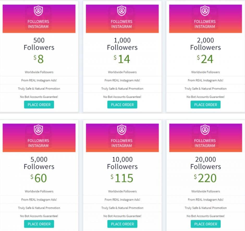 A screenshot depicting Audience Gain’s pricing plans for followers