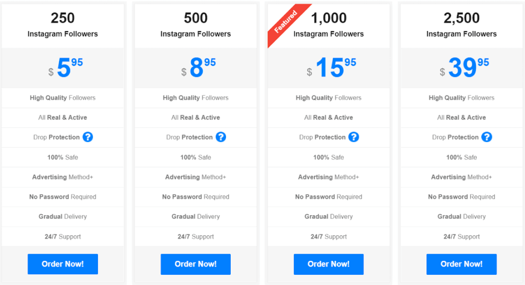 A picture showing the prices for Famoid follower-buying packages