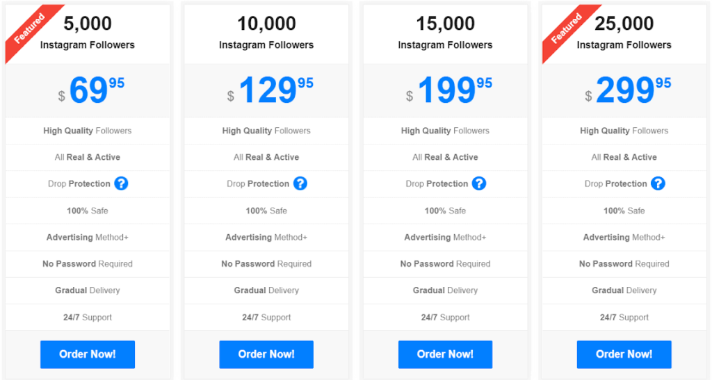 A picture showing the prices for Famoid follower-buying packages