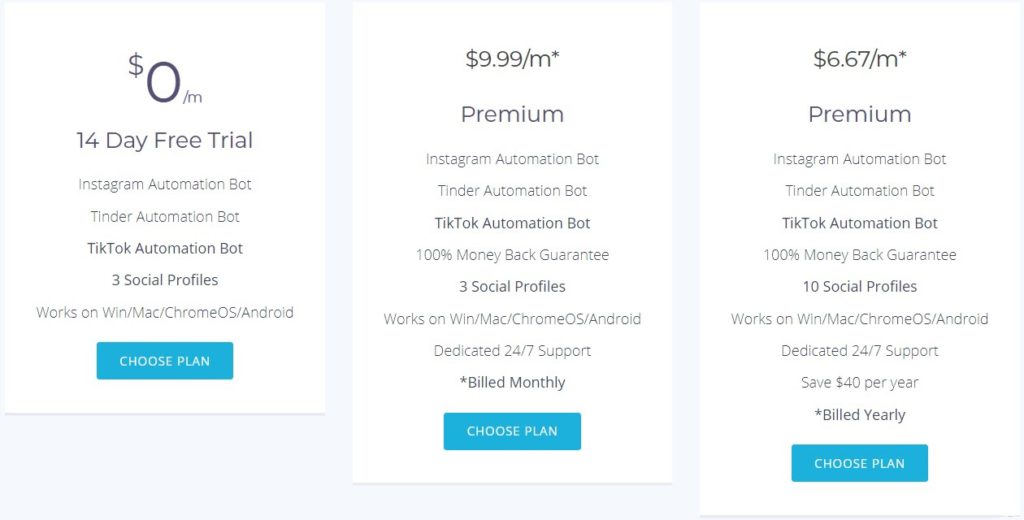 A screenshot of Instoo’s pricing plan list