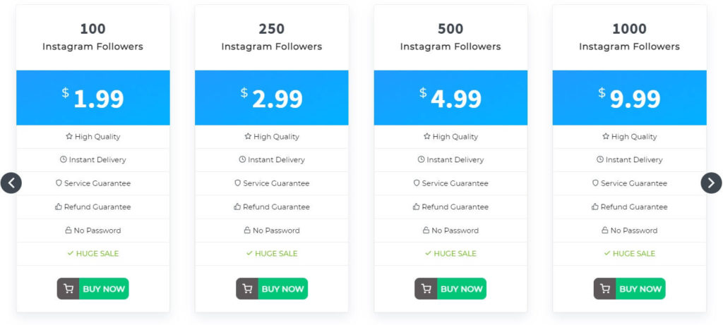 A screenshot of Inzta’s followers’ prices