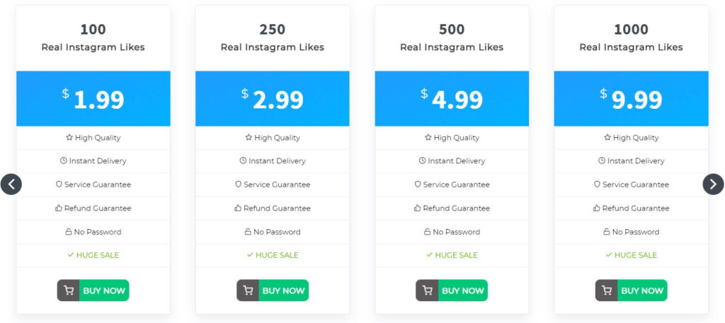 A screenshot of Inzta’s likes’ prices