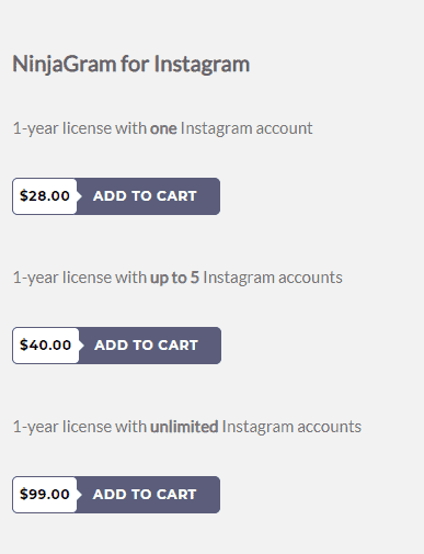 Pricing list of Ninjagram