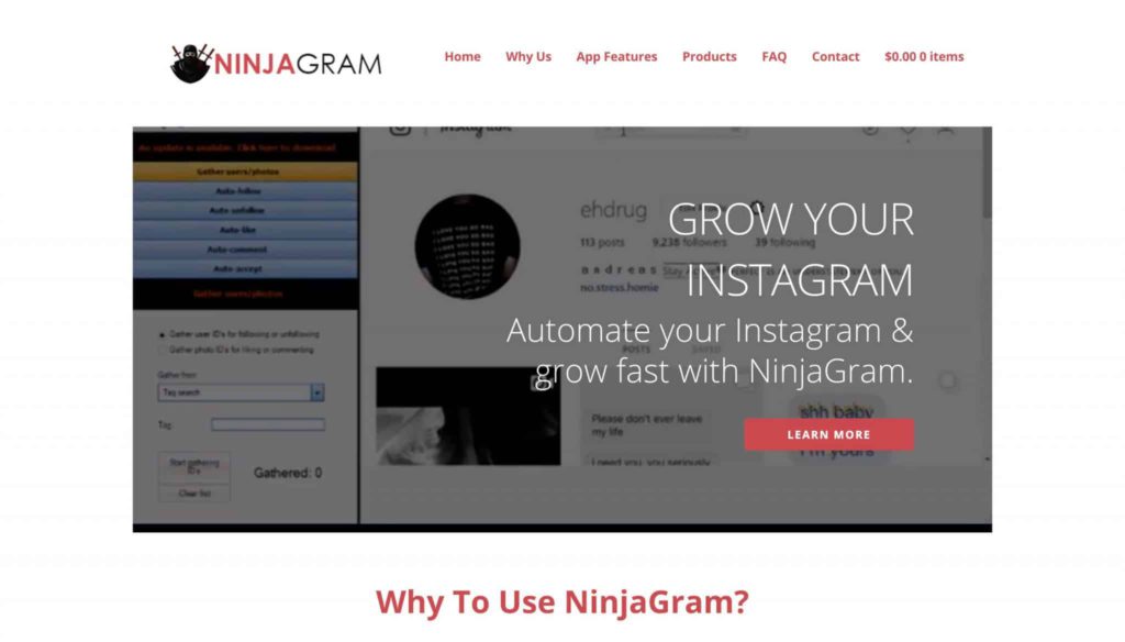 An image of Ninjagram’s homepage
