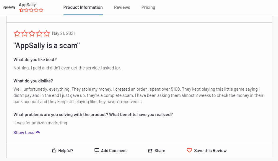 A screenshot showing the customer review