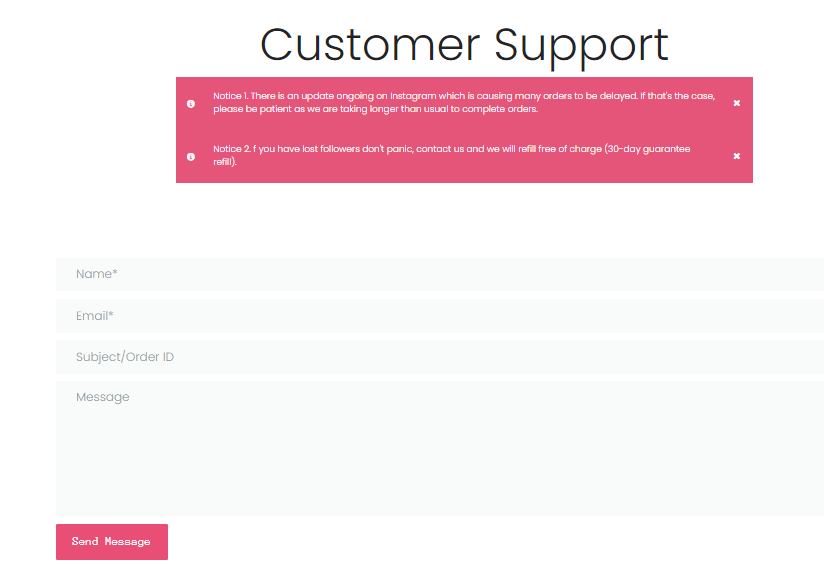 A screenshot showing customer support