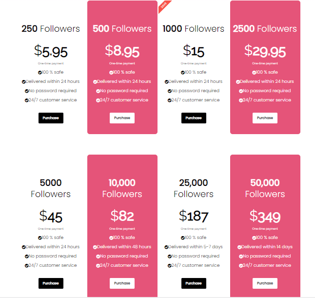 A screenshot showing the prices of insta followers