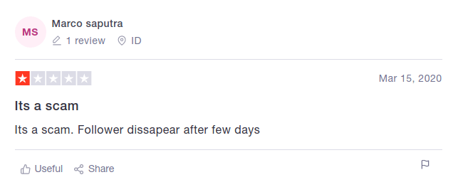 A screenshot showing a negative comment on Trustpilot regarding followers bought from Instapromote.