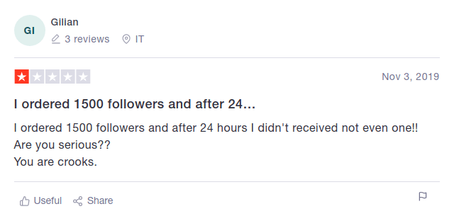 A screenshot of another comment talking about not receiving followers that were bought from instapromote.me website.