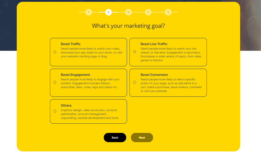 A screenshot showing marketing goals