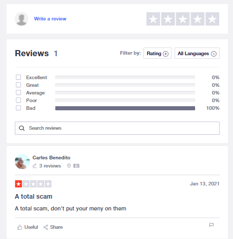 A screenshot showing a trustpilot review