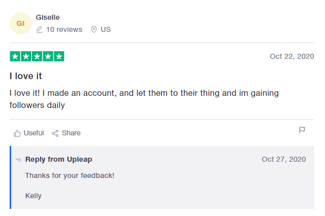 A picture showing a positive Upleap review on Trustpilot. 