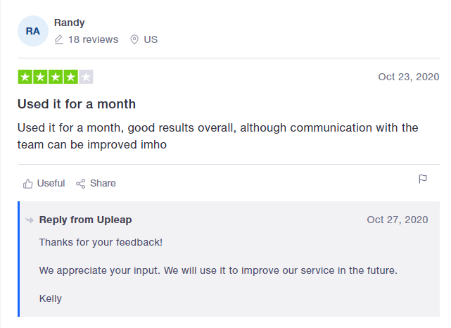 An image of an Upleap review on Trustpilot. 